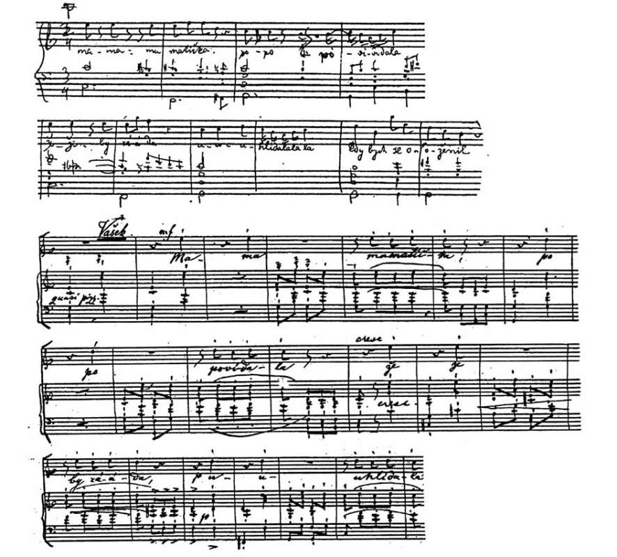První náčrtek (16) začátku Vaškovy vstupní árie (nahoře) a konečné znění téhož místa ve Smetanově rukopisu klavírního výtahu z roku 1872 (dole).