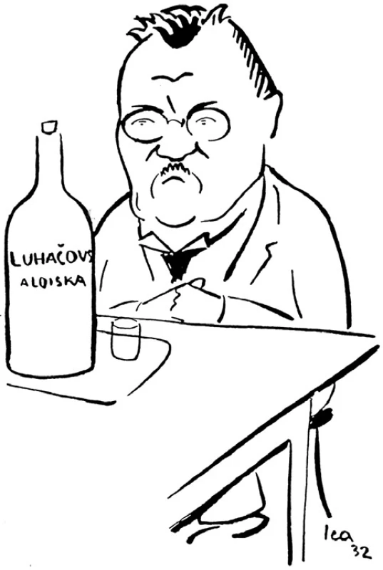 Karikatura prof. Ningera demonstrující jeho vztah k „luhačovickým pramenům”.