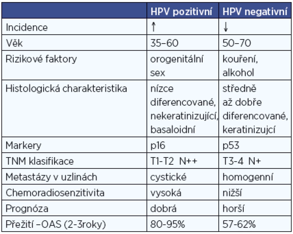 Hlavní rozdíly mezi HPV pozitivními a negativními OFK.
